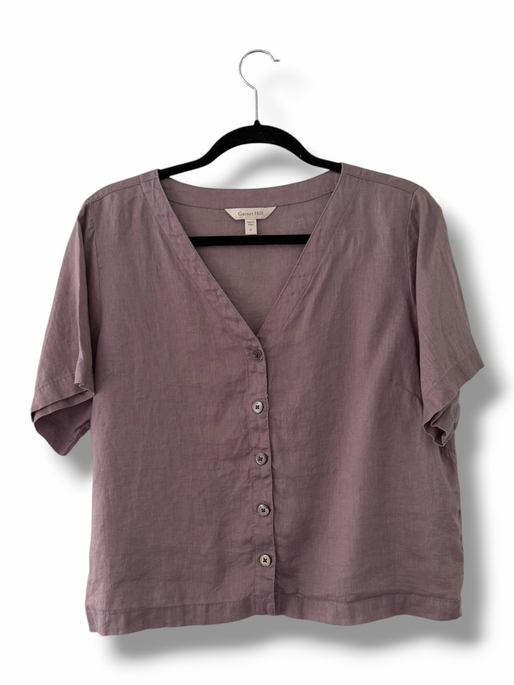 Garnet Hill Lavender V-Neck Short-Sleeve Linen Button Front Top - Picture 2 of 10